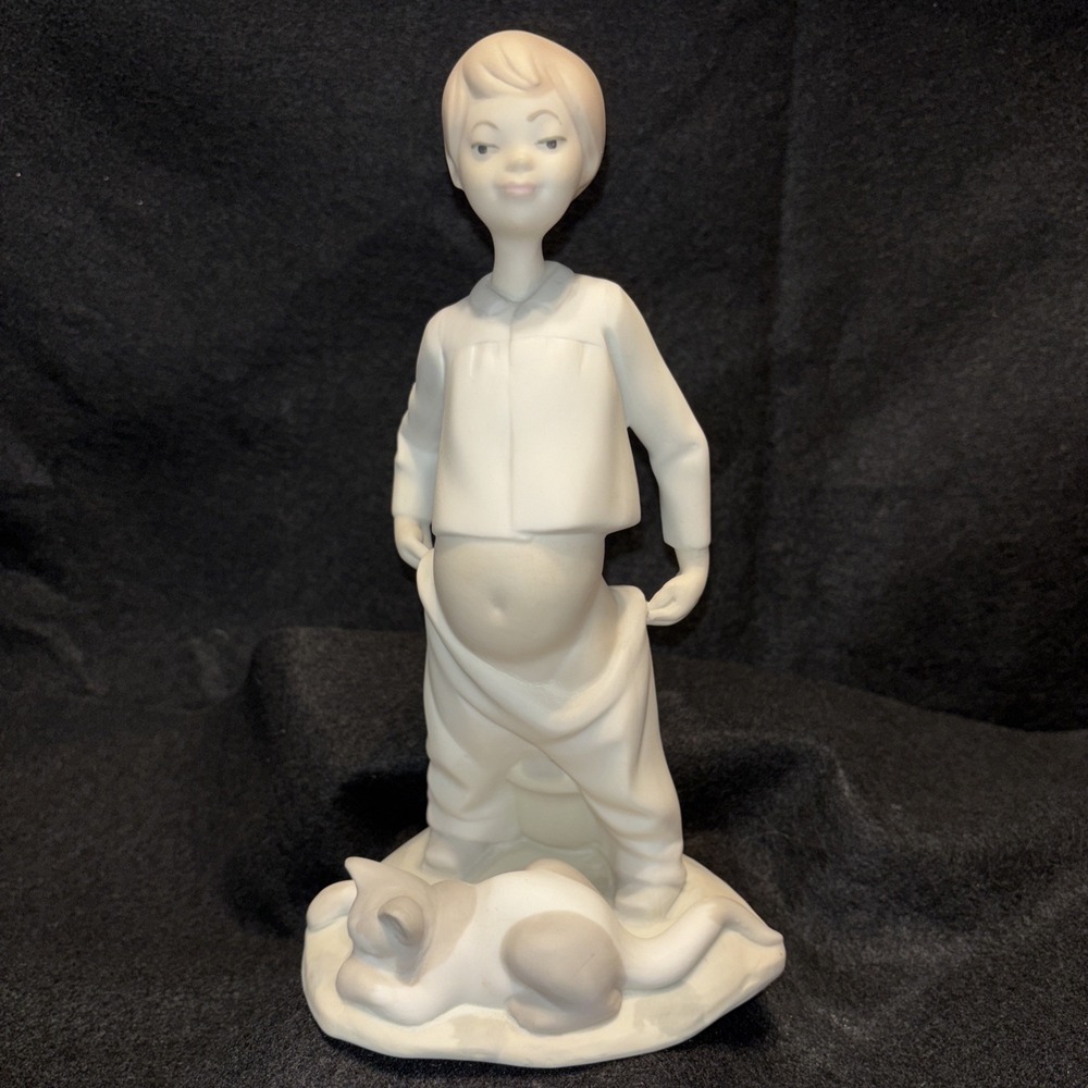 Vintage Nao LLADRO Porcelain Figurine Boy With Cat at Chamberpot Matte Finish